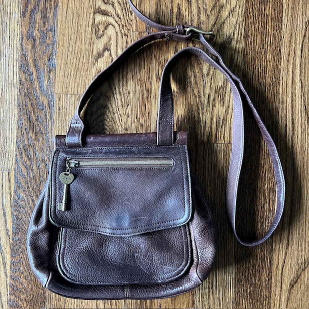 VTG Fossil Small Crossbody Purse Brown Genuine Pebbled Leather 75082 Key READ